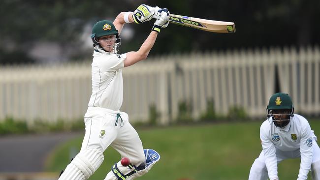 Australian captain Steve Smith batting on day three of the second Test in Hobart on Monday.