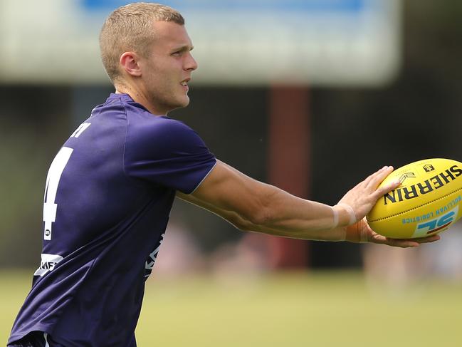 PERTH, AUSTRALIA - MARCH 04: Brett Bewley of the Dockers warms up during the 2019 JLT Community Series AFL match between the Fremantle Dockers and the Collingwood Magpies at HBF Arena on March 04, 2019 in Perth, Australia. (Photo by Paul Kane/Getty Images)