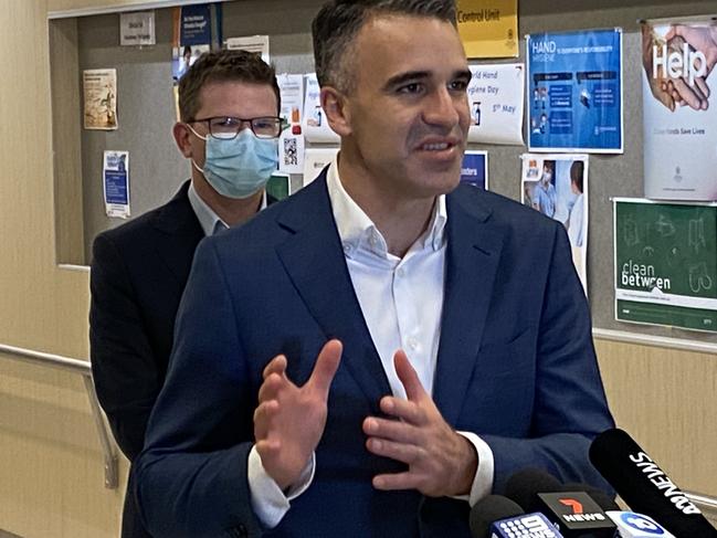 Dr Mark Plummer, Professor Nicola Spurrier, Health Minister Chris Picton and Premier Peter Malinauskas at the RAH , 8 May 2022 . Picture: Todd Lewis