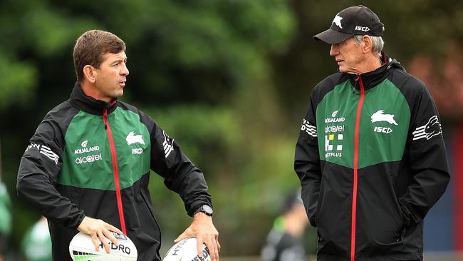 Assistant coach Jason Demetriou, left, with Wayne Bennett. Picture. Phil Hillyard