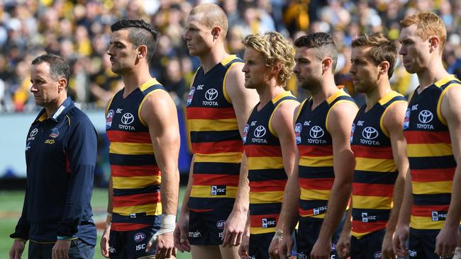 Crows coach Don Pyke during the national anthem before the 2017 AFL grand final. Picture: AAP Image/Julian Smith