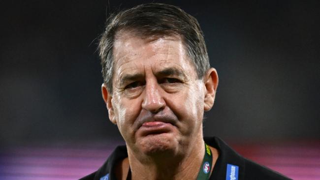 MELBOURNE, AUSTRALIA - APRIL 26: Ross Lyon the coach of the Saints looks on during the round seven AFL match between St Kilda Saints and Brisbane Lions at Marvel Stadium, on April 26, 2025, in Melbourne, Australia. (Photo by Quinn Rooney/Getty Images)