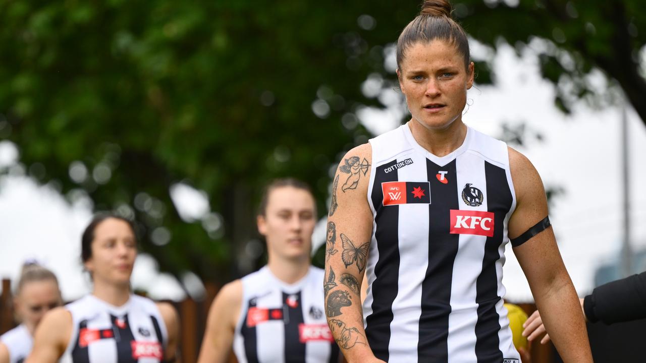 Collingwood captain Bri Davey will miss the rest of the 2024 season with a bone stress injury to her tibia. Picture: Quinn Rooney / Getty Images