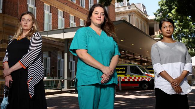 Frontline workers from the Royal Prince Alfred Hospital sexual assault clinic Lisa Simpson, Rachel Thomas and Neeraja Sanmuhanathan. Picture: Toby Zerna