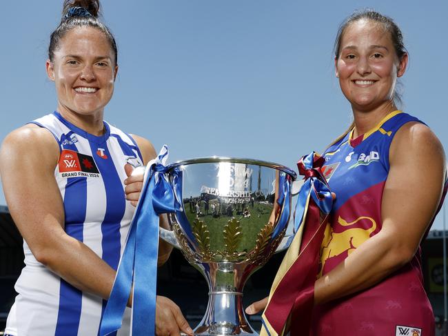 NCA. MELBOURNE, AUSTRALIA. 28th November 2024.  AFLW Grand final preview pic.  North Melbourne skipper Emma Kearney and Breanna Koenen, skipper of the Brisbane Lions at Ikon Park today ahead of tomorrow nights AFLW Grand final       .  Picture: Michael Klein