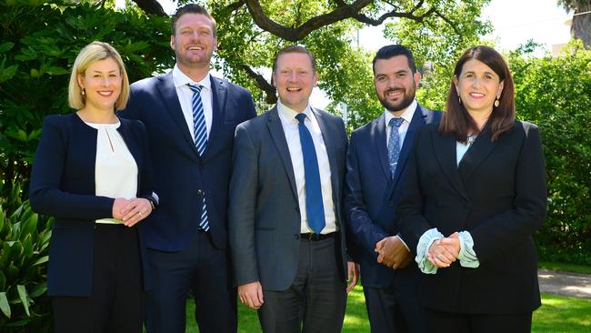 Evan Mulholland (second from right) with fellow Liberal MPs Jess Wilson, Sam Groth, Brad Rowswell and Ann-Marie Hermans. Picture: Nicki Connolly