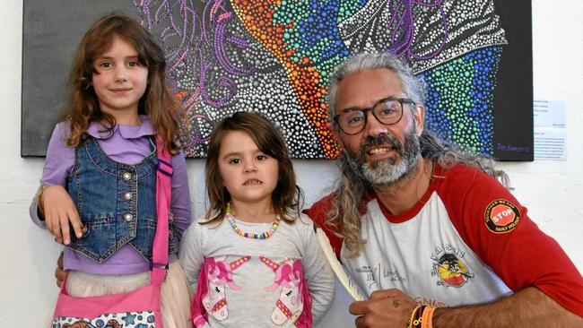 Artist Jandamarra Cadd with daughters Mindari and Nunyara at Cooroy's Butter Factory Arts Centre's NAIDOC Week celebrations. Picture: Caitlin Zerafa