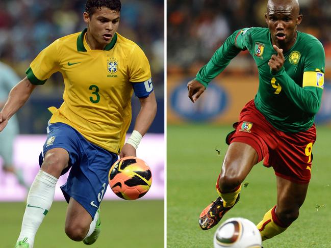 Combination of file pictures shows Cameroon's forward and captain Samuel Eto'o (R, on June 24, 2010 in Cape Town) and Brazil's defender and captain Thiago Silva (L, on June 9, 2013 in Porto Alegre). Cameroon will face Brazil in their Group A football match in Brasilia on June 23, 2014 during the 2014 FIFA World Cup in Brazil. AFP PHOTO / CARL DE SOUZA / FRANCK FIFE