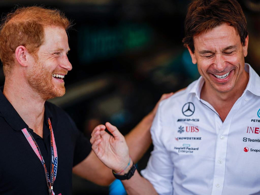 The Duke of Sussex was all smiles as he mingled with Mercedes GP Executive Director Toto Wolff. Picture: Getty Images