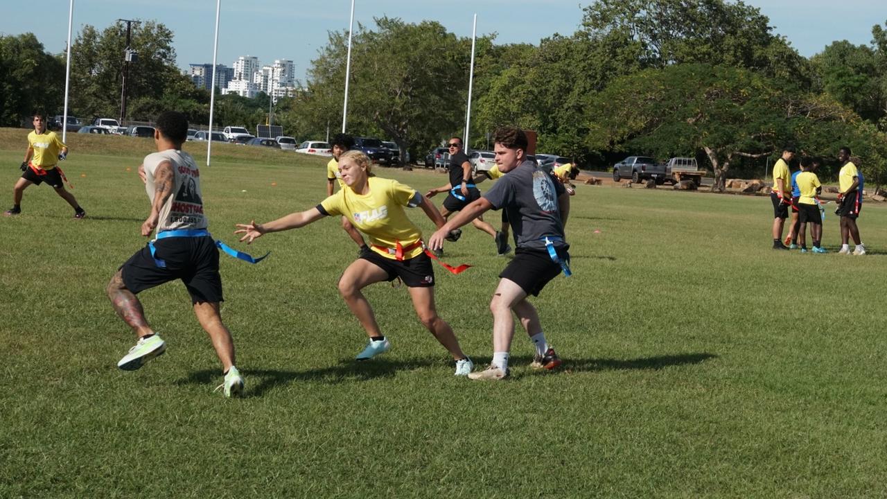 Darwin Middle School students playing Flag Football against United States Marines at DMS, 19 May 2025. Picture: Jason McIntosh
