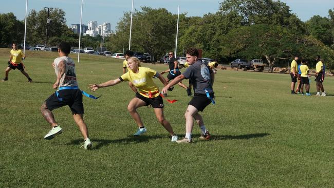 Darwin Middle School students playing Flag Football against United States Marines at DMS, 19 May 2025. Picture: Jason McIntosh