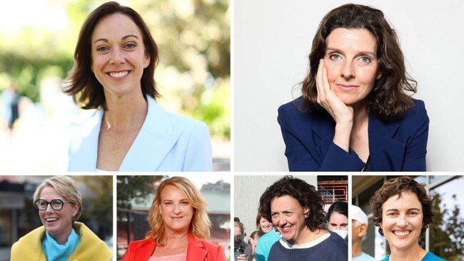 Giant killers: (clockwise from top left) Sophie Scamps, Allegra Spender, Kate Chaney, Monique Ryan, Kylea Tink and Zoe Daniel.