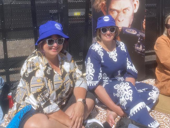 Jo Bennet and Kylee Thompson, who call themselves 'Boobs on Barrier', have claimed a front-row spot. Picture: Amelia Swan