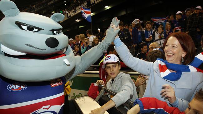 Then Prime Minister and Bulldog fanatic Julia Gillard after a 71-point win over North Melbourne in Round 18 Picture: Michael Klein.