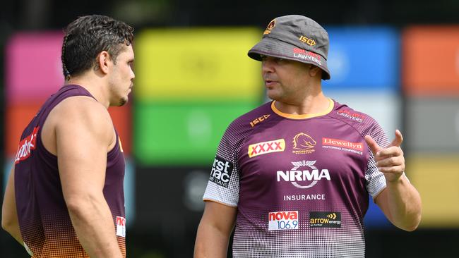 Broncos coach Anthony Seibold (right) with James Roberts at training earlier in the season. Picture: Darren England