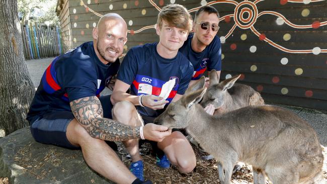 Players from the Wakefield Trinity physical disability rugby league team Darren Dean, Connor Lynes and Ben Nicholson on their visit to Dreamworld. Picture: Tim Marsden