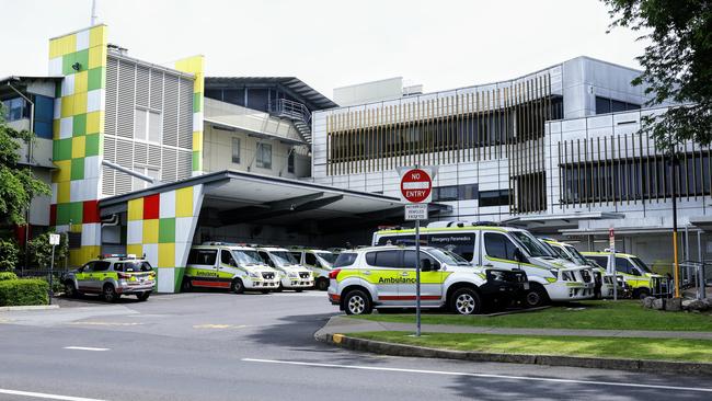 Ambulance ramping at the Cairns Hospital at 2:30pm on Tuesday, February 27. Excessive demand on the Cairns Hospital's emergency department saw a high number of patient admissions, with 13 ambulances and one police van parked in the emergency department's ambulance entrance. Picture: Brendan Radke