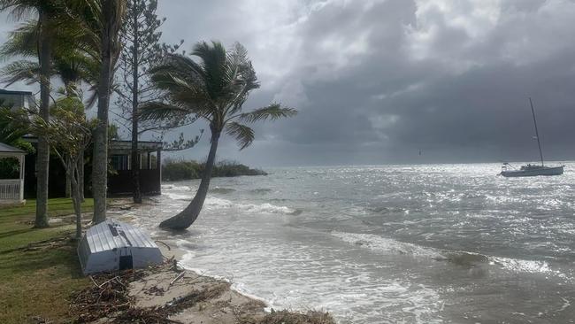 Sunday morning’s high tide surged up to the Caloundra Power Boat Club. Residents across the Sunshine Coast are bracing for more wild weather as Tropical Cyclone Alfred tracks southward, bringing strong winds, heavy rain, and dangerous surf conditions. Photo: Facebook.