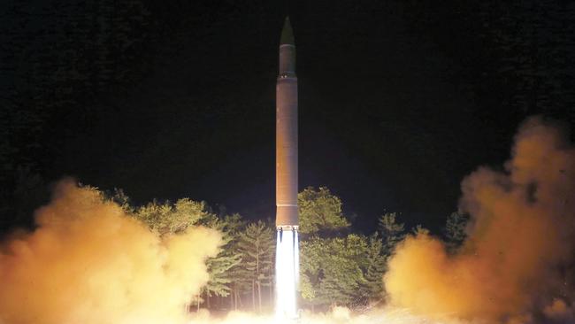 This photo distributed by the North Korean government shows what was said to be the launch of a Hwasong-14 intercontinental ballistic missile at an undisclosed location in North Korea. Picture: Korean Central News Agency/Korea News Service via AP.