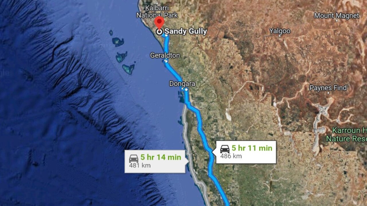 The crash happened about 9.10am Friday at Sandy Gully, a small town in WA's Midwest region, more than 450km north of Perth. Picture: Supplied / Google Maps