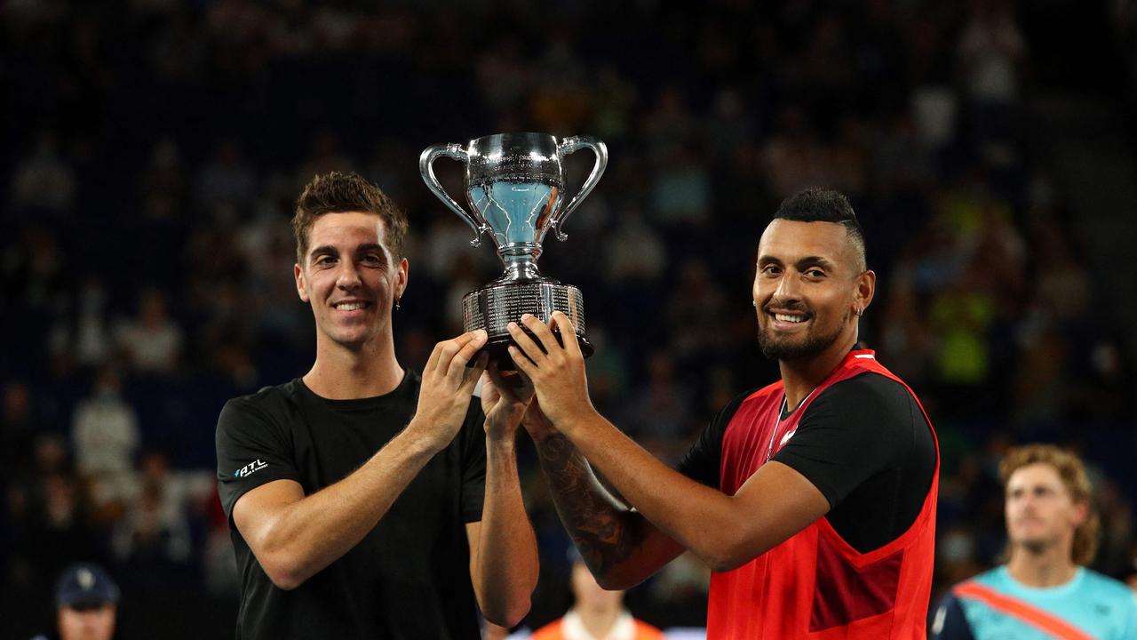 Thanasi Kokkinakis and Nick Kyrgios won’t team up next month as the latter recovers from injury. Picture: Aaron Francis/ AFP