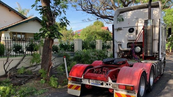 A B-Double truck has followed his GPS down a quiet Glenunga street and knocked over a tree, causing disruption to local residents. Pictures: Supplied