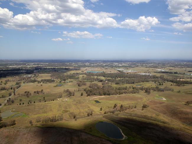 Aerial view of the site of the proposed Western Sydney Airport at Badgerys Creek. Picture: Jonathan Ng