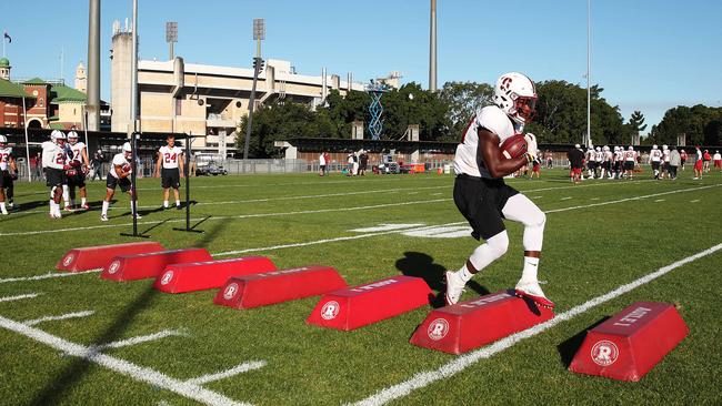 Running back Bryce Love and the Stanford Cardinals train ahead of their game against Rice on Sunday at Allianz Stadium. Picture: Phil Hillyard
