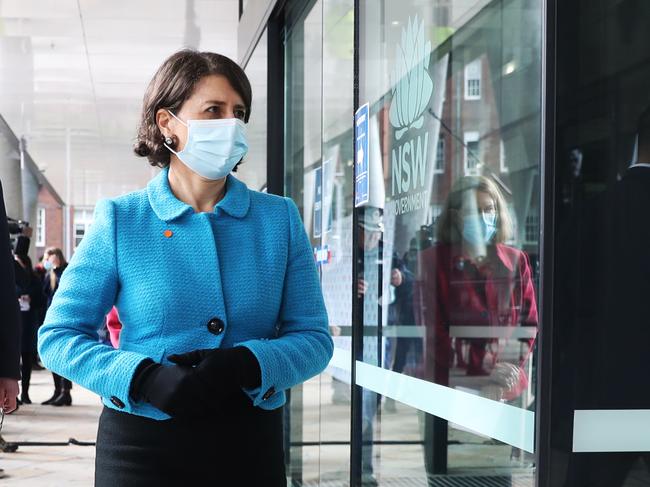 Gladys Berejiklian leaves the COVID update on Tuesday. Picture: NCA NewsWire / Christian Gilles