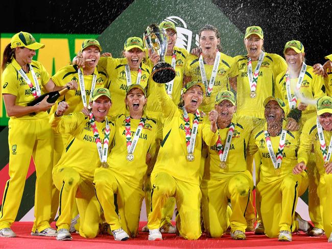 Australia celebrates its 2022 World Cup triumph in New Zealand. Picture: Sanka Vidanagama/AFP