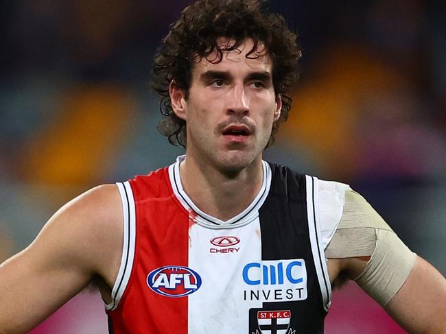 BRISBANE, AUSTRALIA - JUNE 14: Max King of the Saints looks on after the round 14 AFL match between Brisbane Lions and St Kilda Saints at The Gabba, on June 14, 2024, in Brisbane, Australia. (Photo by Chris Hyde/AFL Photos/via Getty Images)