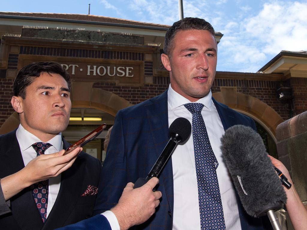 Sam Burgess (right) speaks to the media before after being convicted on Friday. Picture: NCA NewsWire/Bianca De Marchi