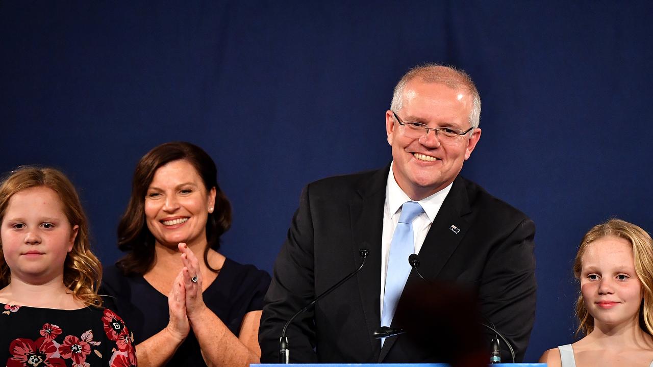 Scott Morrison with wife Jenny and children Abbey (right) and Lily (left) after winning the 2019 federal election. Picture: AAP/Dean Lewins