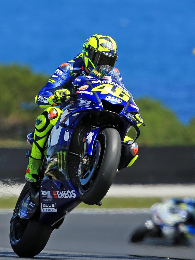 Valentino Rossi pops a wheelie at Phillip Island. Picture: Mark Stewart