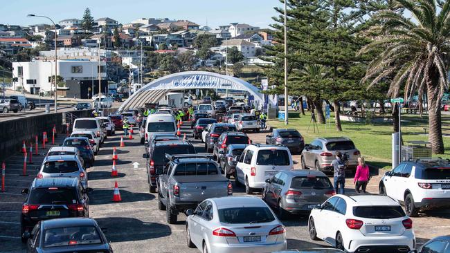 Massive queues were seen for the Bondi Beach COVID-19 drive-through testing clinic.