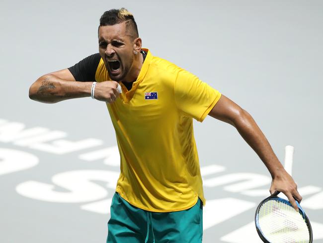 MADRID, SPAIN - NOVEMBER 20: Nick Kyrgios of Australia celebrates match point in his Davis Cup Group Stage match against Steve Darcis of Belgium during Day Three of the 2019 David Cup at La Caja Magica on November 20, 2019 in Madrid, Spain. (Photo by Alex Pantling/Getty Images) *** BESTPIX ***