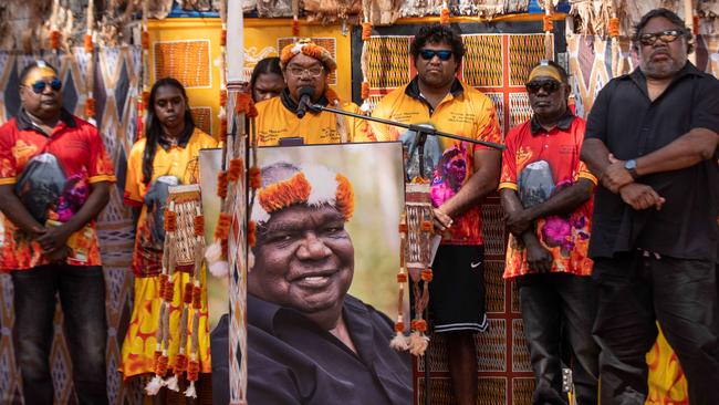 Binmila Yunupingu, with Gabirri Collins-Yunupingu to her left, talks of her father, at his memorial. Picture: Peter Eve / Yothu Yindi Foundation