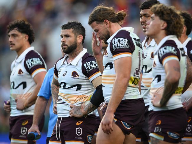 GOLD COAST, AUSTRALIA - AUGUST 03: Adam Reynolds of the Broncos looks dejected during the round 22 NRL match between Gold Coast Titans and Brisbane Broncos at Cbus Super Stadium, on August 03, 2024, in Gold Coast, Australia. (Photo by Matt Roberts/Getty Images)