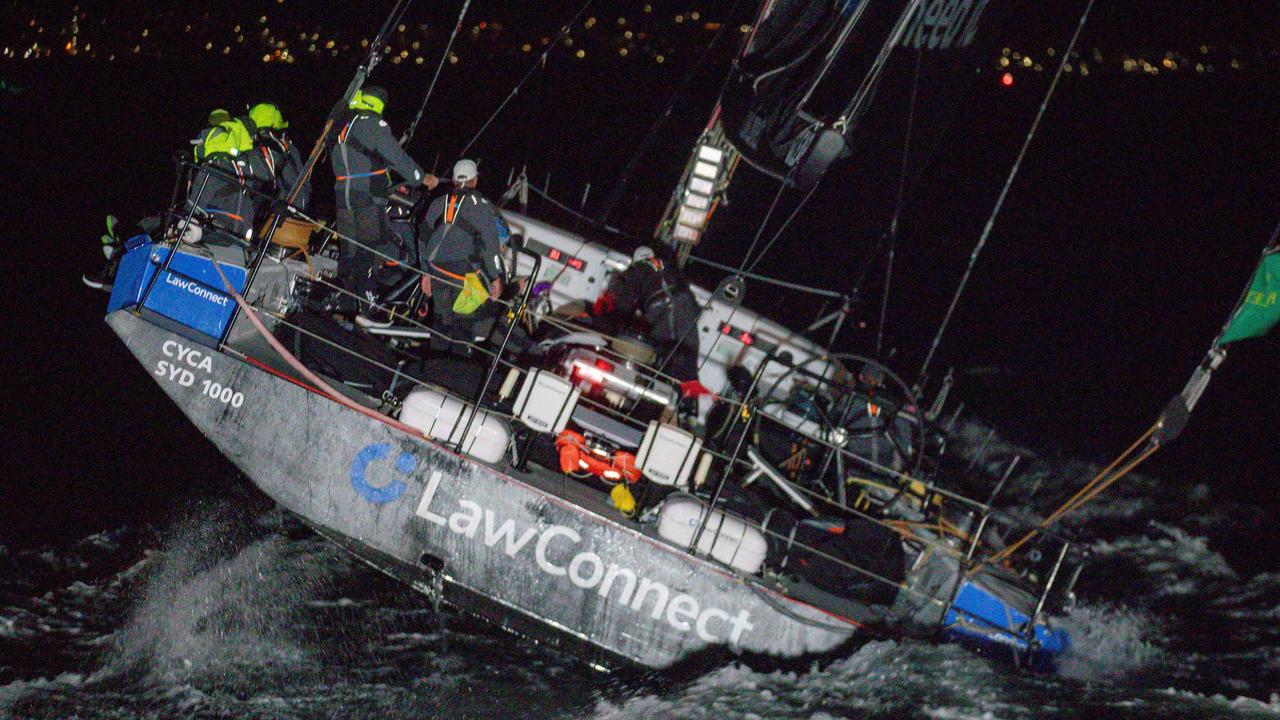 Law Connect arrives in Hobart to take line honours in the early hours of Saturday 28th December in the Rolex Sydney to Hobart 2024. Picture: Linda Higginson