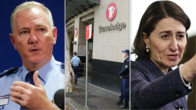 Not my problem … Police boss Mick Fuller and NSW Premier Gladys Berejiklian have both deflected responsibility over issues with hotel quarantine.