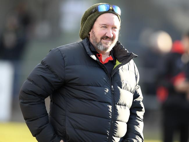 Riddell coach Justin Belleville during the RDFL football match between Riddell and Woodend-Hesket in Riddells Creek, Saturday, June 26, 2021. Picture: Andy Brownbill