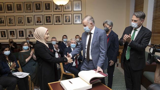 Prime Minister Anthony Albanese with Senator Payman during a Caucus Party Room meeting in Parliament House, Canberra. Picture: NCA NewsWire / Gary Ramage