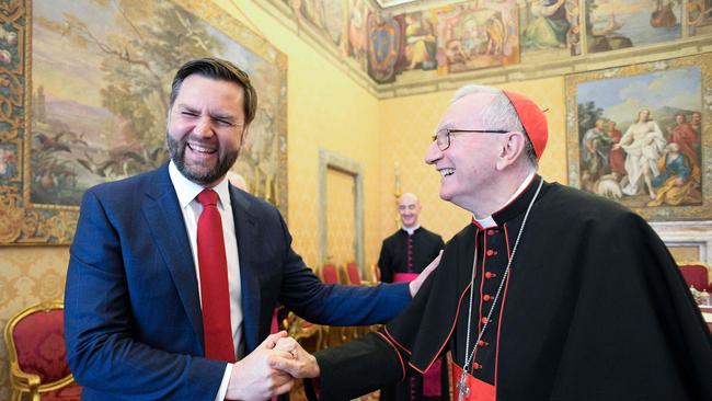 Cardinal Pietro Parolin welcoming US Vice-President JD Vance at the Vatican this month. Picture: Vatican Media/AFP