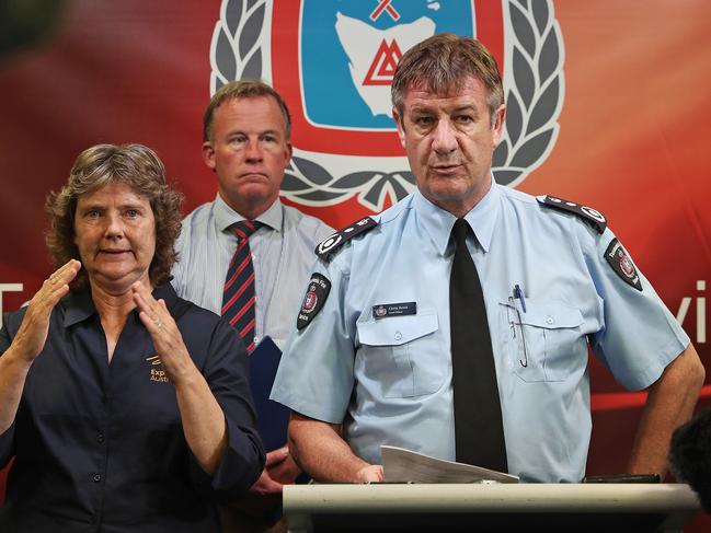 Tasmania Fire Service Chief Officer Chris Arnol giving a daily update during the January bushfires. Picture: TFS