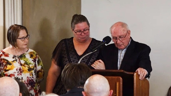 Helen Snelling (centre) accompanied by her sister Rebecca and her father as she spoke about Jeff whom she said, "was the love of my life," at his funeral in Atherton on February 24, 2023. Picture: Alison Paterson