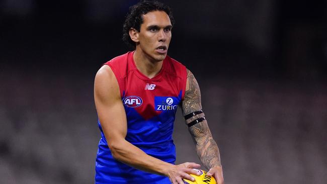 Harley Bennell of the Demons runs with the ball during the Round 2 AFL match between the Carlton Blues and the Melbourne Demons at Marvel Stadium in Melbourne, Saturday, June 13, 2020. (AAP Image/Scott Barbour) NO ARCHIVING, EDITORIAL USE ONLY