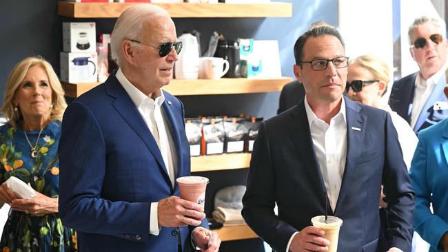 Joe Biden and Jill Biden with Pennsylvania Governor Josh Shapiro. Picture: AFP