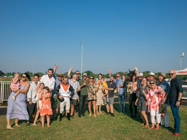 Connections of the Chris Nash-trained Maymeen (jockey Simon Miller) after her victory in the $135,000 bet365 Palmerston Sprint (1200m) at Darwin Turf Club. Picture: Glenn Campbell