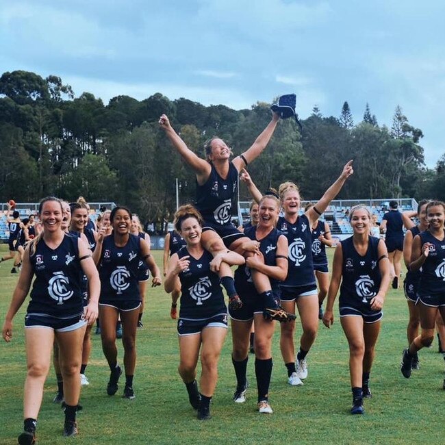 Lauren James is chaired off after kicking the winning goal for Coolangatta against Bond. SUPPLIED.