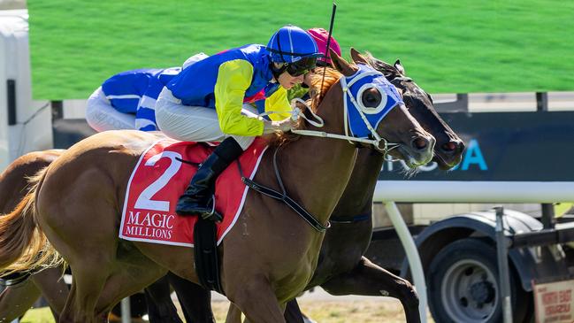 Todd Pannell pilots Dancing Storm to victory in the Magic Millions SA 2YO Classic. Picture: Makoto Kaneko